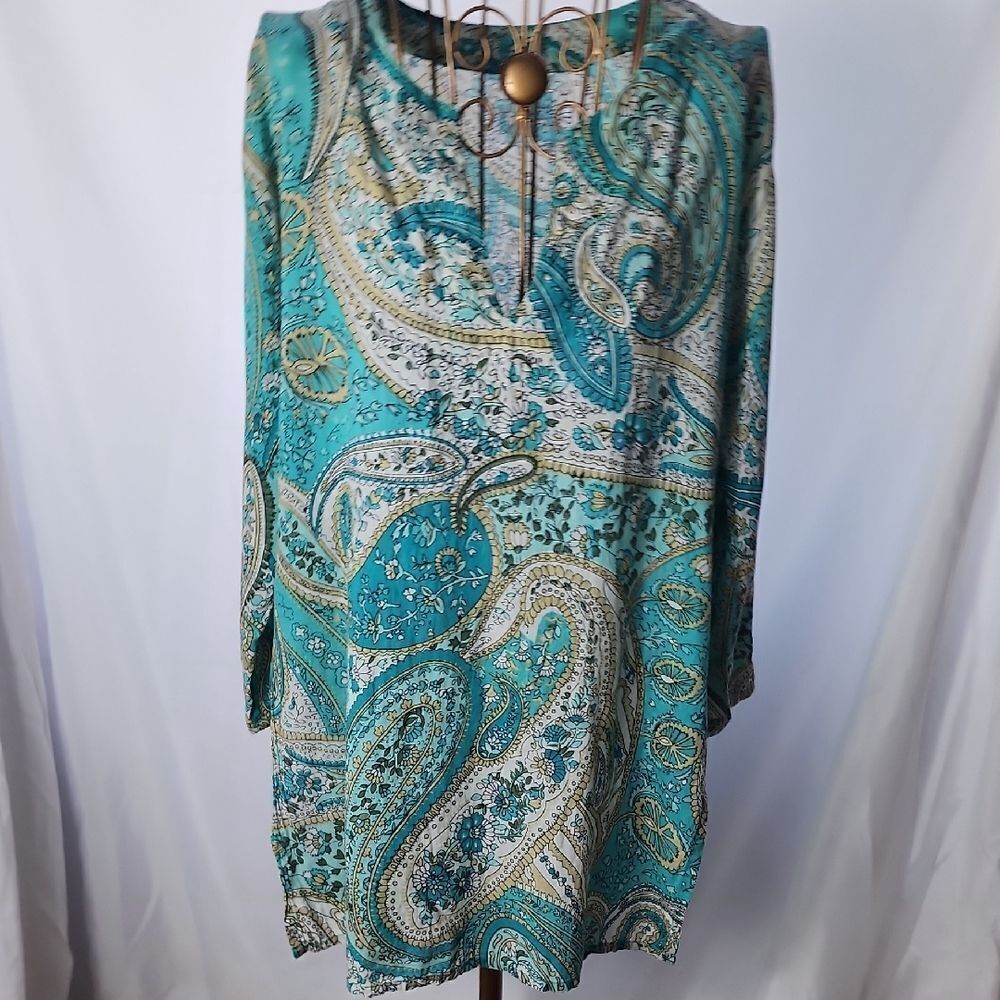 Lightweight 100% Cotton Aqua Blue Tan & White 3/4 Sleeve Tunic